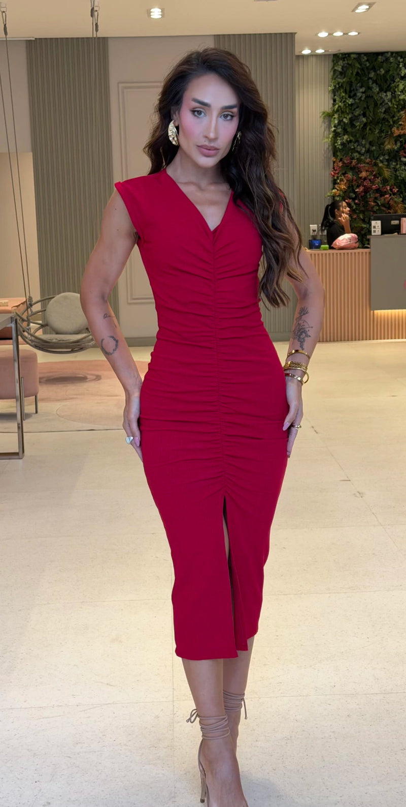 Vestido Malha Canelada Drapeado Vermelho