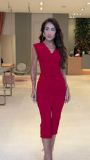 Vestido Malha Canelada Drapeado Vermelho