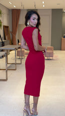 Vestido Malha Canelada Drapeado Vermelho