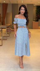 Conjunto Floral Cropped & Saia Mídi Azul Lara