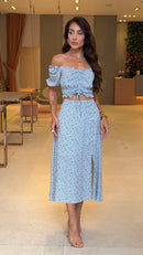 Conjunto Floral Cropped & Saia Mídi Azul Lara