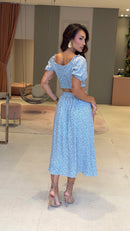Conjunto Floral Cropped & Saia Mídi Azul Lara