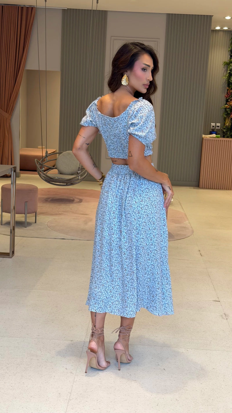 Conjunto Floral Cropped & Saia Mídi Azul Lara