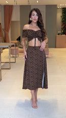 Conjunto Floral Cropped & Saia Mídi Preto Lara