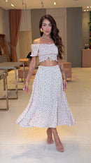 Conjunto Floral Cropped & Saia Mídi Branco Lara