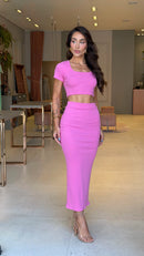 Conjunto Canelado Cropped & Saia Rynara Rosa Chiclete