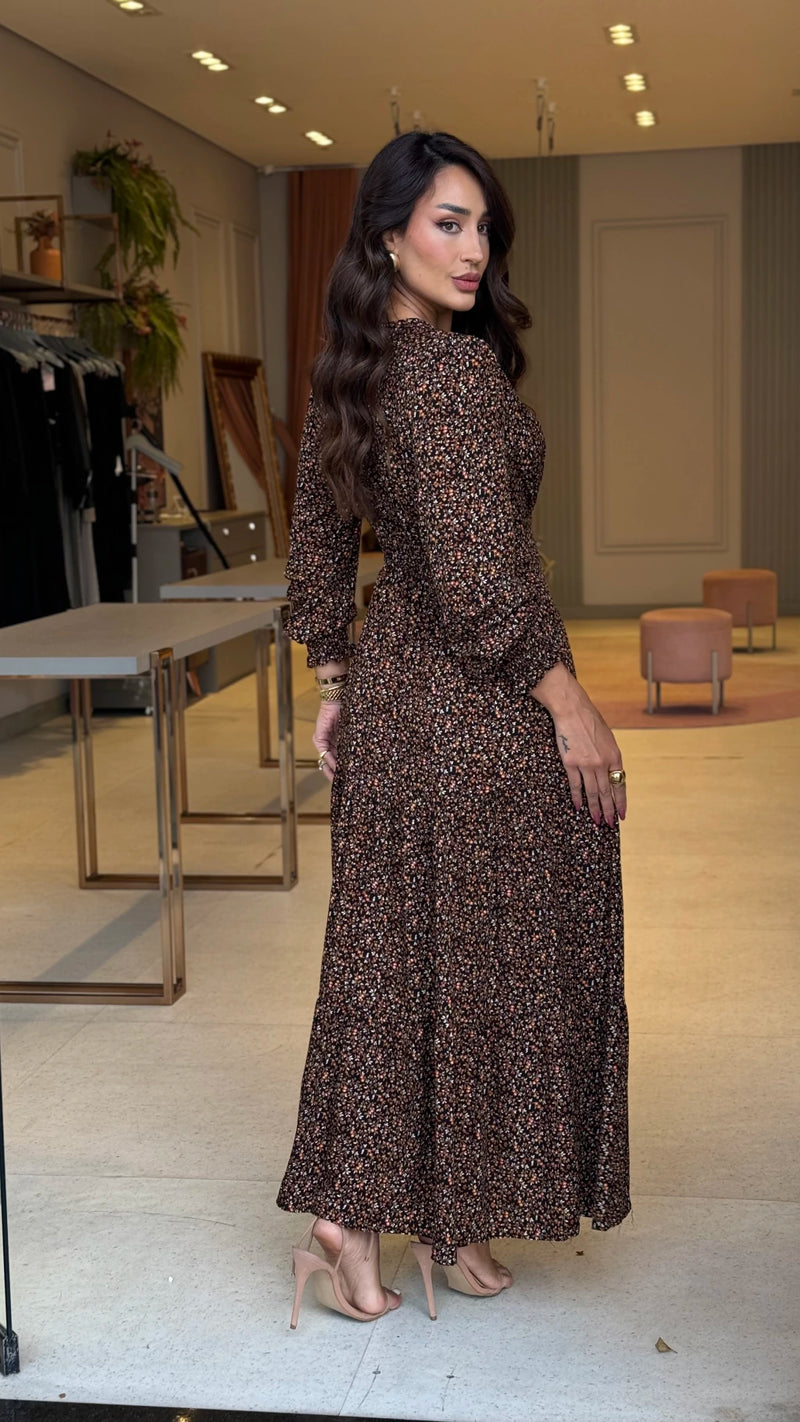 Vestido Manga Longa Larissa Floral Preto