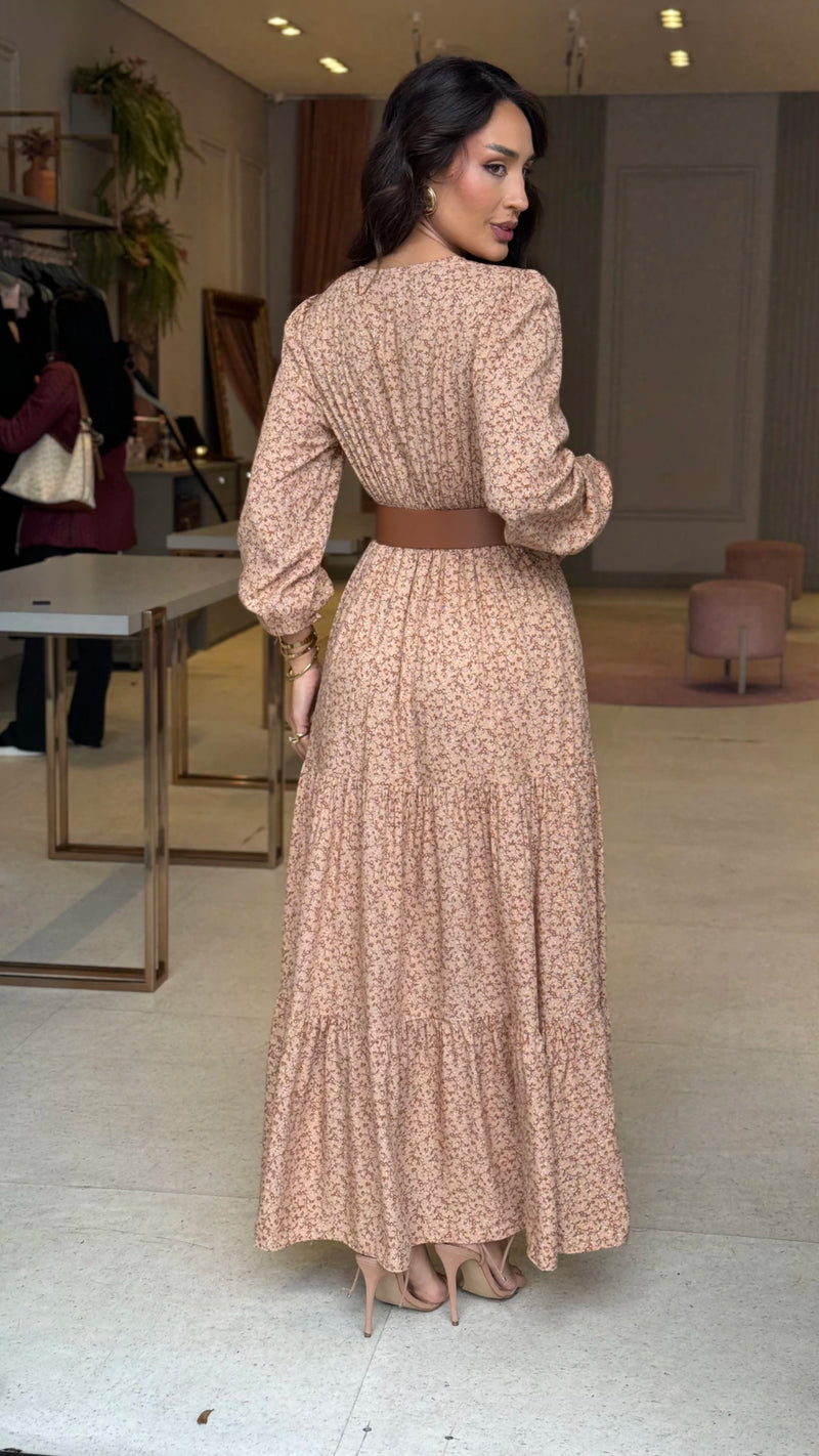 Vestido Manga Longa Larissa Nude Floral