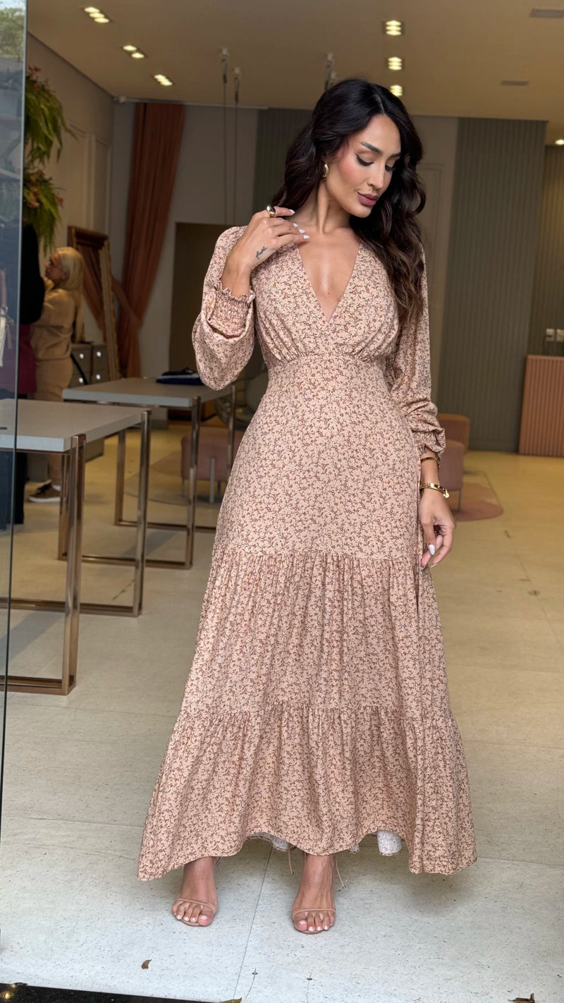 Vestido Manga Longa Larissa Nude Floral